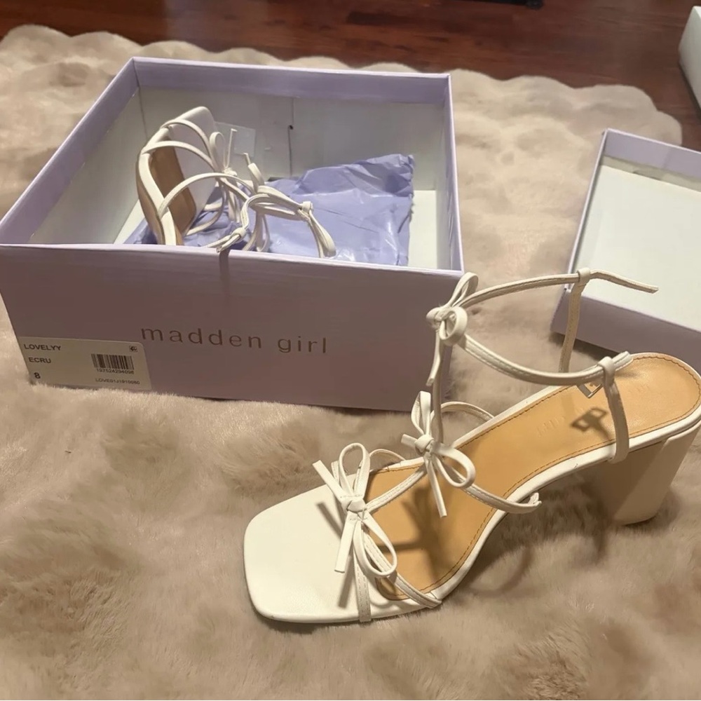 White Bow Strap Block Heel